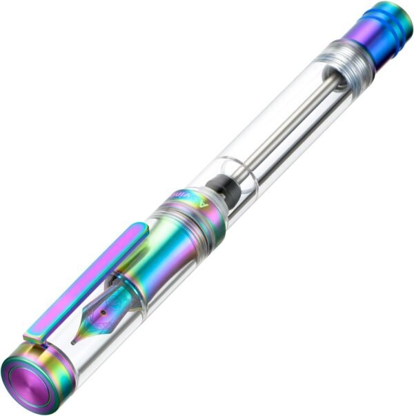 Titanium Fountain Pen Vacuum Filling, Rainbow Iridium Fine Point Transparent Acrylic Smooth Writing Pen Case Set（Rainbow）