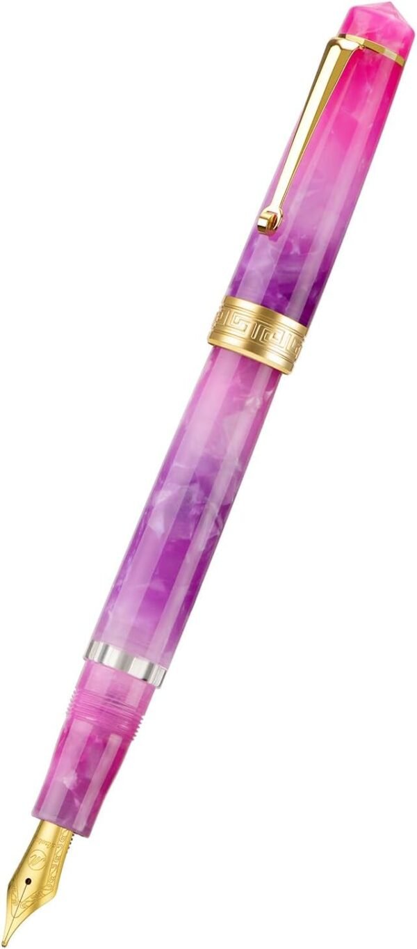 Piston Fountain Pen Amber Resin, Iridium Medium Nib Gold Trim Smooth Writer Collection with Case Set（Gradual Purple） - 图片 2