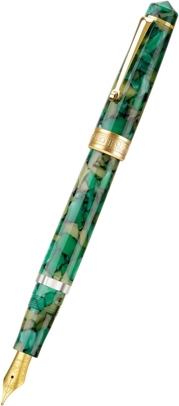 Piston Fountain Pen Amber Resin, Iridium Medium Nib Gold Trim Smooth Writer Collection with Case Set（Green Marble） - 图片 2