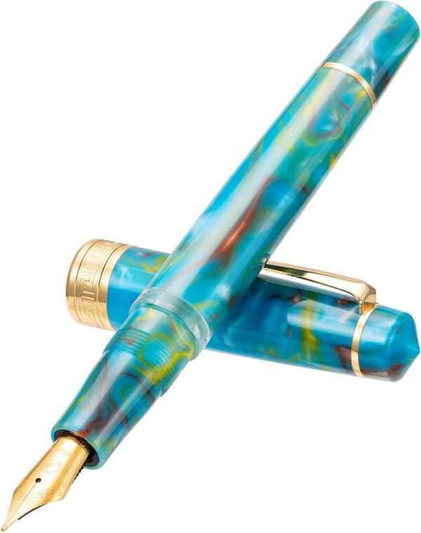 Piston Fountain Pen Amber Resin, Iridium Medium Nib Gold Trim Smooth Writer Collection with Case Set（Lake Blue） - 图片 2