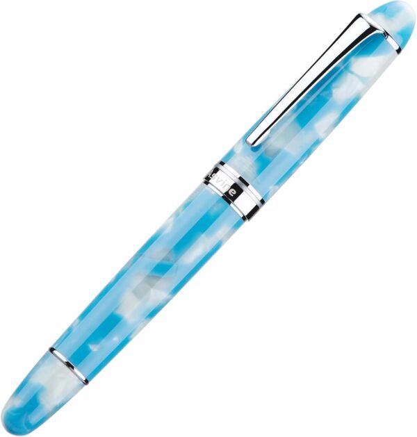 Piston Fountain Pen Brown Marble Resin, Extra Fine Nib Silver Trim Smooth Writer Collection with Pen Case Gift Set（Sky Blue） - 图片 2