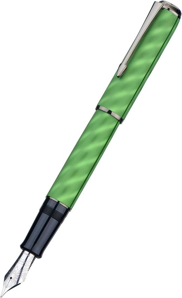 Fountain Pen Large No.8 Extra Fine Point Ebonite Feed, Green Moire Pattern Unique Design with Refillable Converter and Metal Case - 图片 2