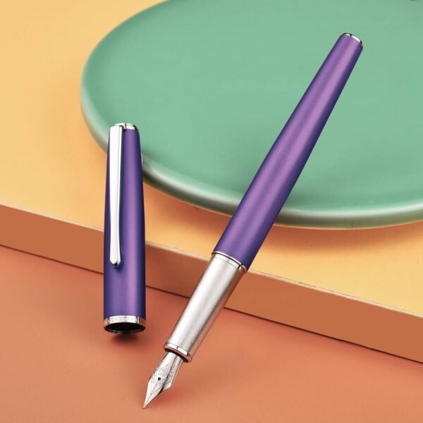 Purple Metal Fountain Pen, Steel Fine Point Classic Pen, Includes Refillable Converter and Pen Pouch - 图片 2