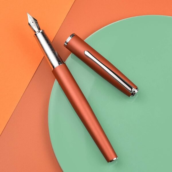 Orange Metal Fountain Pen, Steel Fine Point Classic Pen, Includes Refillable Converter and Pen Pouch - 图片 2