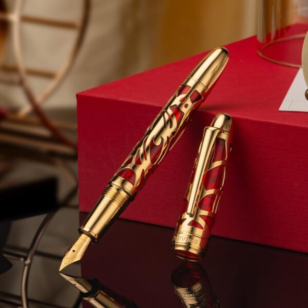 Piston Filling Fountain Pen Medium Nib, Spider Skeleton Transparent Red Acrylic Pen Case and Wrench Set - 图片 2