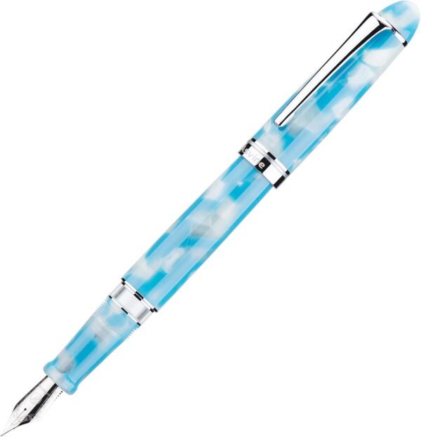 Piston Fountain Pen Brown Marble Resin, Extra Fine Nib Silver Trim Smooth Writer Collection with Pen Case Gift Set（Sky Blue） - 图片 3