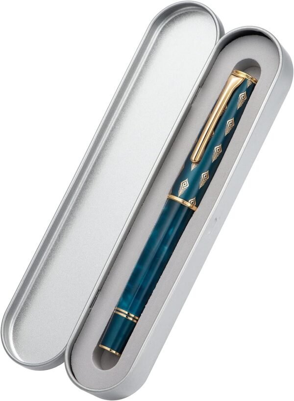 Blue Peacock Resin Piston Fountain Pen, Iridium Fine Nib Classic Pen, Smooth Writing Pen with Metal Box（Blue-N7） - 图片 3