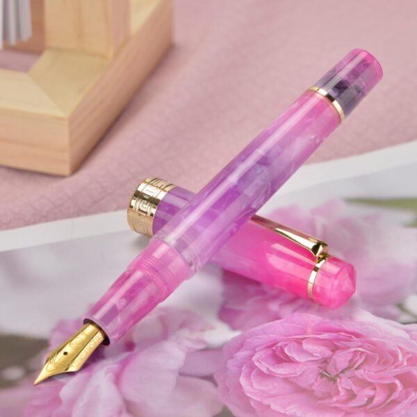 Piston Fountain Pen Amber Resin, Iridium Medium Nib Gold Trim Smooth Writer Collection with Case Set（Gradual Purple） - 图片 4