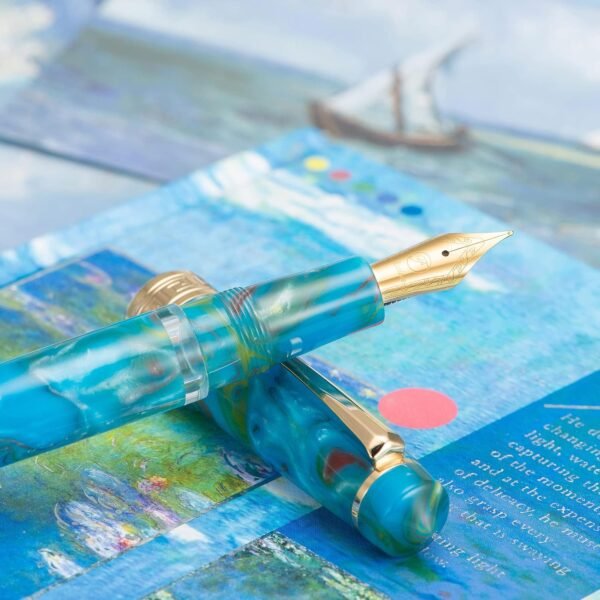 Piston Fountain Pen Amber Resin, Iridium Medium Nib Gold Trim Smooth Writer Collection with Case Set（Lake Blue） - 图片 4