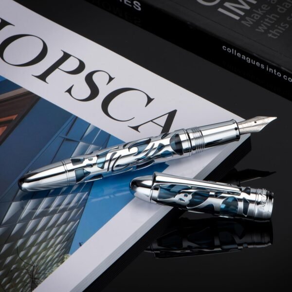 Piston Filling Fountain Pen Medium Nib, Spider Skeleton Transparent Gray Blue Acrylic Pen Case and Wrench Set - 图片 4