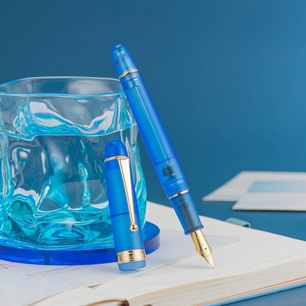 Vacuum Filling Fountain Pen Medium Nib, Matte Transparent Blue Acrylic, Large-Capacity with Gift Case - 图片 5