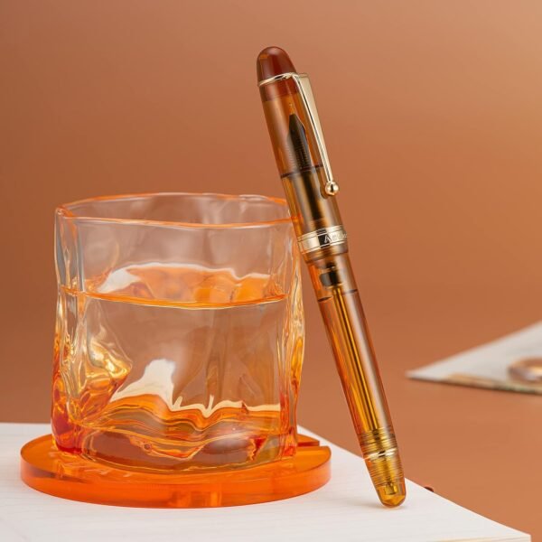 Vacuum Filling Fountain Pen Medium Nib, Transparent Brown Acrylic, Large-Capacity with Gift Case - 图片 5