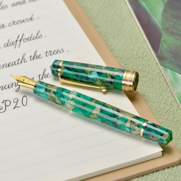 Piston Fountain Pen Amber Resin, Iridium Medium Nib Gold Trim Smooth Writer Collection with Case Set（Green Marble） - 图片 5