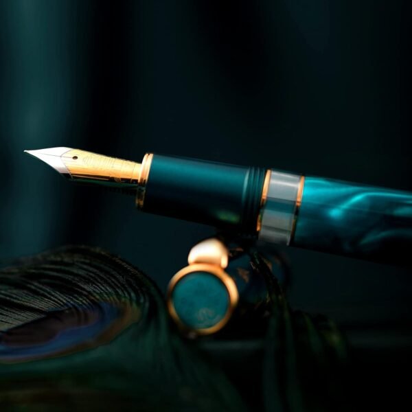 Blue Peacock Resin Piston Fountain Pen, Iridium Fine Nib Classic Pen, Smooth Writing Pen with Metal Box（Blue-N7） - 图片 5