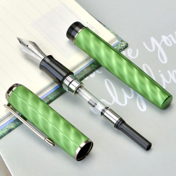 Fountain Pen Large No.8 Extra Fine Point Ebonite Feed, Green Moire Pattern Unique Design with Refillable Converter and Metal Case - 图片 5