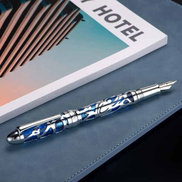 Piston Filling Fountain Pen Medium Nib, Spider Skeleton Transparent Blue Acrylic Pen Case and Wrench Set - 图片 5