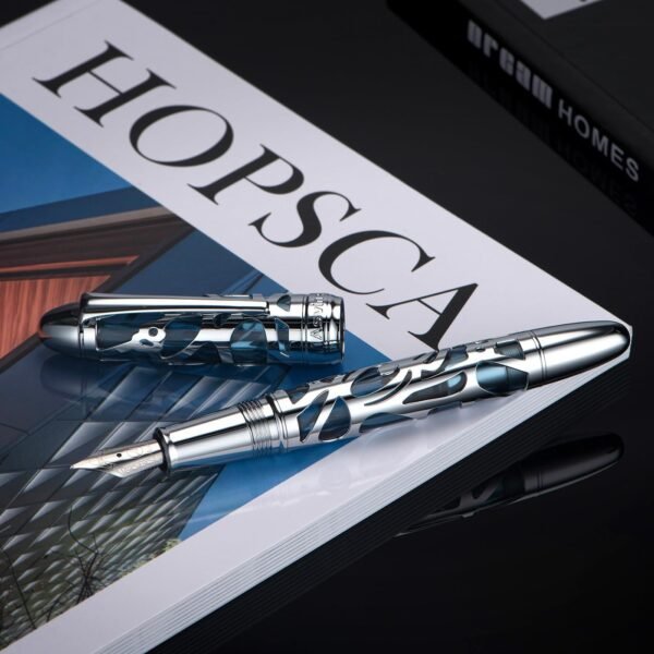 Piston Filling Fountain Pen Medium Nib, Spider Skeleton Transparent Gray Blue Acrylic Pen Case and Wrench Set - 图片 5
