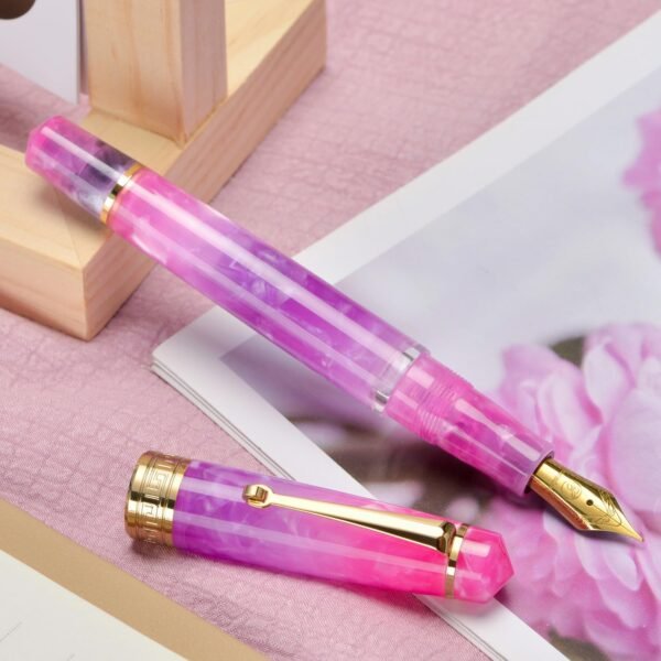 Piston Fountain Pen Amber Resin, Iridium Medium Nib Gold Trim Smooth Writer Collection with Case Set（Gradual Purple） - 图片 6