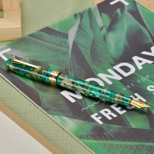Piston Fountain Pen Amber Resin, Iridium Medium Nib Gold Trim Smooth Writer Collection with Case Set（Green Marble） - 图片 6