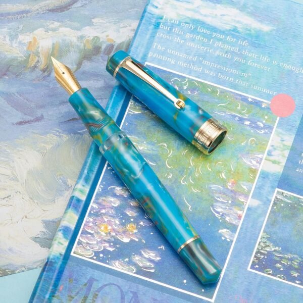 Piston Fountain Pen Amber Resin, Iridium Medium Nib Gold Trim Smooth Writer Collection with Case Set（Lake Blue） - 图片 6