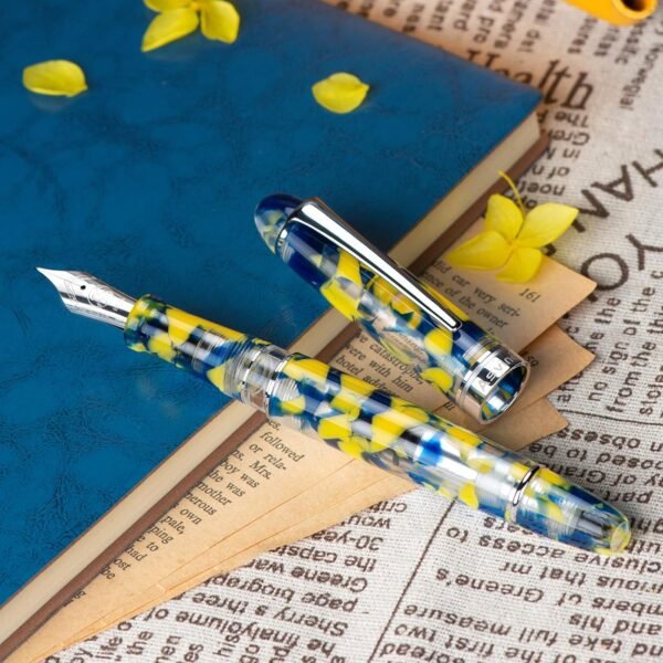 Piston Fountain Pen Brown Marble Resin, Extra Fine Nib Silver Trim Smooth Writer Collection with Pen Case Gift Set（Yellow Marble） - 图片 6