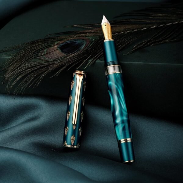 Blue Peacock Resin Piston Fountain Pen, Iridium Fine Nib Classic Pen, Smooth Writing Pen with Metal Box（Blue-N7） - 图片 6