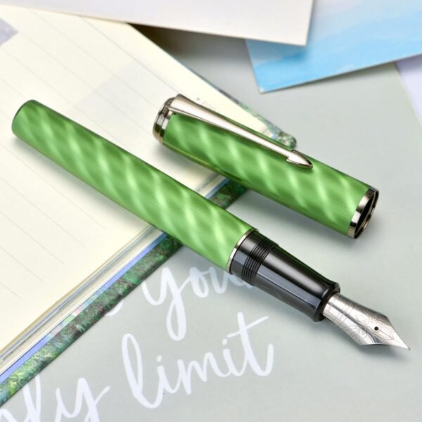 Fountain Pen Large No.8 Extra Fine Point Ebonite Feed, Green Moire Pattern Unique Design with Refillable Converter and Metal Case - 图片 6