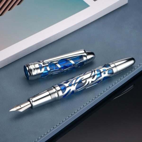 Piston Filling Fountain Pen Medium Nib, Spider Skeleton Transparent Blue Acrylic Pen Case and Wrench Set - 图片 6