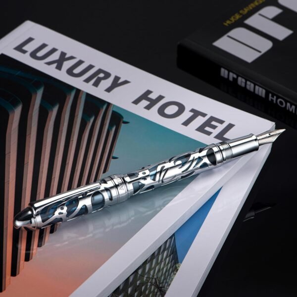 Piston Filling Fountain Pen Medium Nib, Spider Skeleton Transparent Gray Blue Acrylic Pen Case and Wrench Set - 图片 6