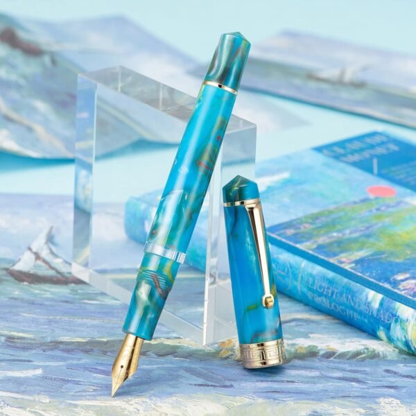 Piston Fountain Pen Amber Resin, Iridium Medium Nib Gold Trim Smooth Writer Collection with Case Set（Lake Blue） - 图片 7