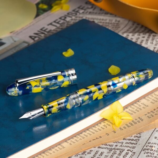 Piston Fountain Pen Brown Marble Resin, Extra Fine Nib Silver Trim Smooth Writer Collection with Pen Case Gift Set（Yellow Marble） - 图片 7