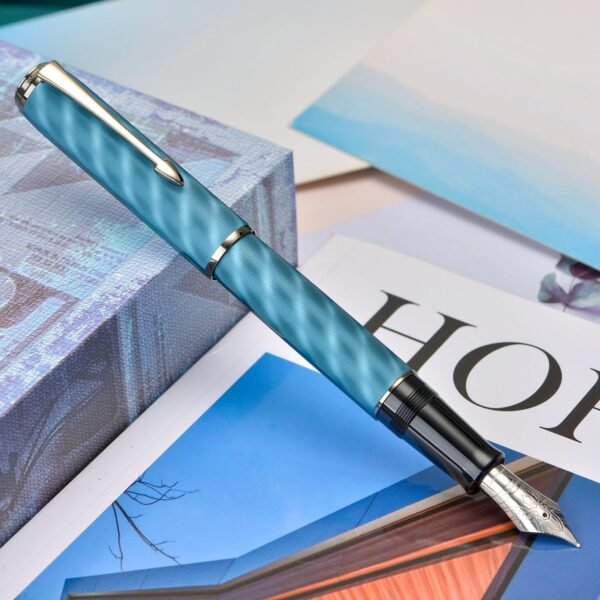 Fountain Pen Large No.8 Extra Fine Point Ebonite Feed, Blue Moire Pattern Unique Design with Refillable Converter and Metal Case - 图片 7