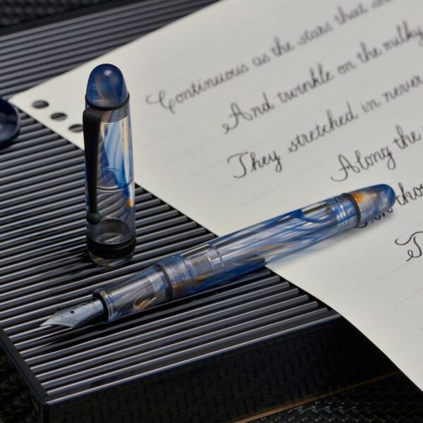 Vacuum Filling Fountain Pen Blue Swirl Acrylic, Medium Nib Large-Capacity with Gift Case - 图片 7