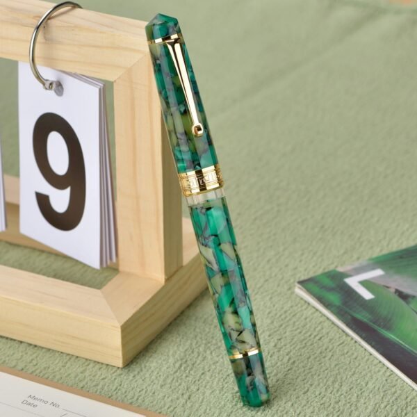 Piston Fountain Pen Amber Resin, Iridium Medium Nib Gold Trim Smooth Writer Collection with Case Set（Green Marble） - 图片 7