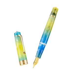 Piston Fountain Pen Amber Resin, Iridium Medium Nib Gold Trim Smooth Writer Collection with Case Set（Gradual Yellow）