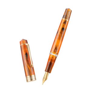 Piston Fountain Pen Amber Resin, Iridium Medium Nib Gold Trim Smooth Writer Collection with Case Set（Amber）