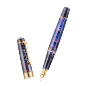 Piston Fountain Pen Amber Resin, Iridium Medium Nib Gold Trim Smooth Writer Collection with Case Set（Purple）