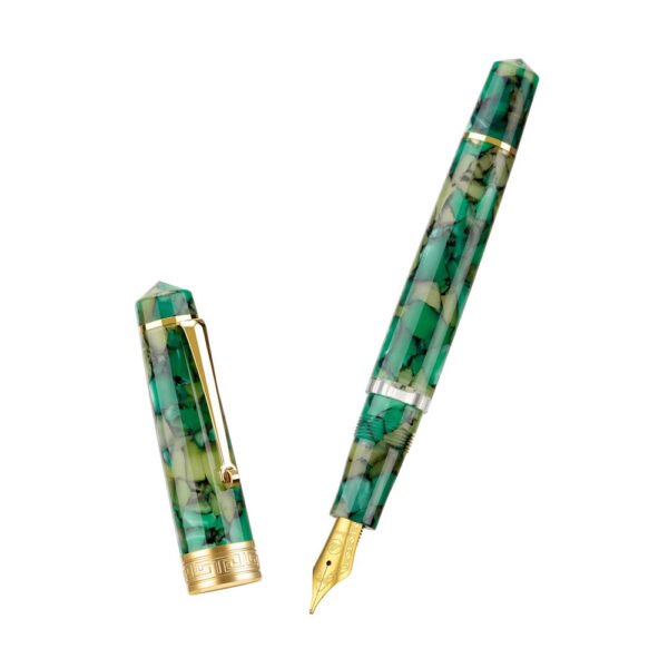Piston Fountain Pen Amber Resin, Iridium Medium Nib Gold Trim Smooth Writer Collection with Case Set（Green Marble）