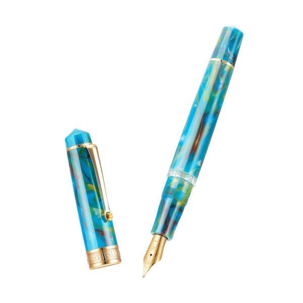 Piston Fountain Pen Amber Resin, Iridium Medium Nib Gold Trim Smooth Writer Collection with Case Set（Lake Blue）