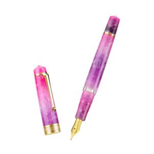 Piston Fountain Pen Amber Resin, Iridium Medium Nib Gold Trim Smooth Writer Collection with Case Set（Gradual Purple）