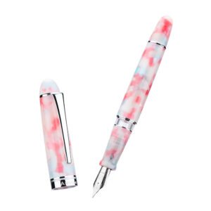 Piston Fountain Pen Brown Marble Resin, Extra Fine Nib Silver Trim Smooth Writer Collection with Pen Case Gift Set（Red Marble）