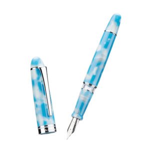 Piston Fountain Pen Brown Marble Resin, Extra Fine Nib Silver Trim Smooth Writer Collection with Pen Case Gift Set（Sky Blue）