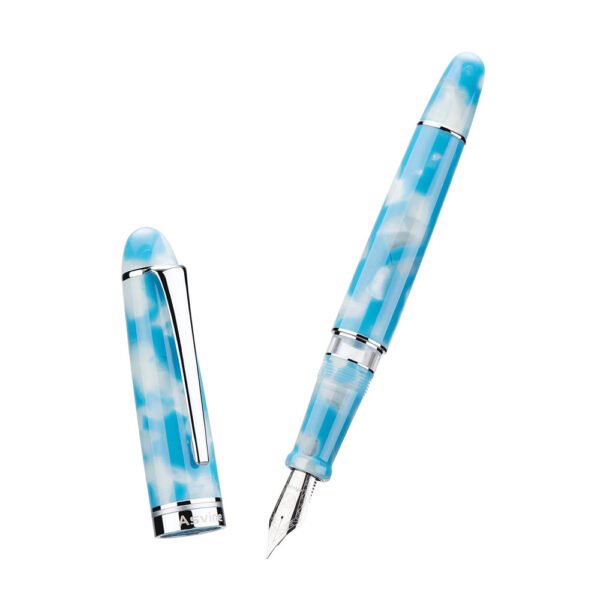 Piston Fountain Pen Brown Marble Resin, Extra Fine Nib Silver Trim Smooth Writer Collection with Pen Case Gift Set（Sky Blue）