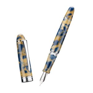 Piston Fountain Pen Brown Marble Resin, Extra Fine Nib Silver Trim Smooth Writer Collection with Pen Case Gift Set（Brown Marble）