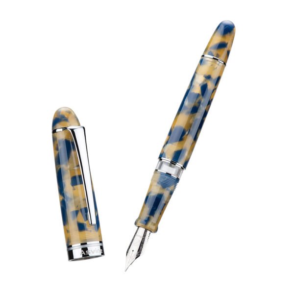 Piston Fountain Pen Brown Marble Resin, Extra Fine Nib Silver Trim Smooth Writer Collection with Pen Case Gift Set（Brown Marble）