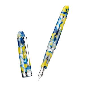 Piston Fountain Pen Brown Marble Resin, Extra Fine Nib Silver Trim Smooth Writer Collection with Pen Case Gift Set（Yellow Marble）