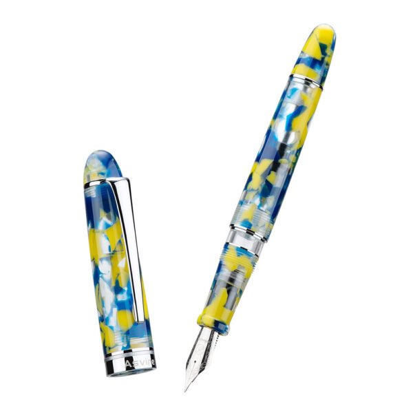 Piston Fountain Pen Brown Marble Resin, Extra Fine Nib Silver Trim Smooth Writer Collection with Pen Case Gift Set（Yellow Marble）