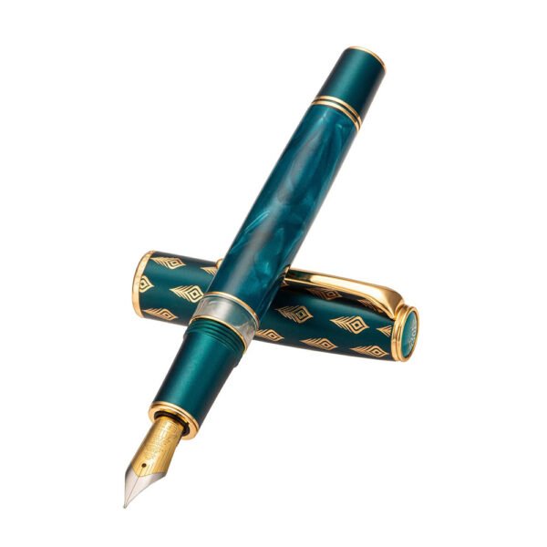 Blue Peacock Resin Piston Fountain Pen, Iridium Fine Nib Classic Pen, Smooth Writing Pen with Metal Box（Blue-N7）