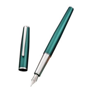 Green Metal Fountain Pen, Steel Fine Point Classic Pen, Includes Refillable Converter and Pen Pouch