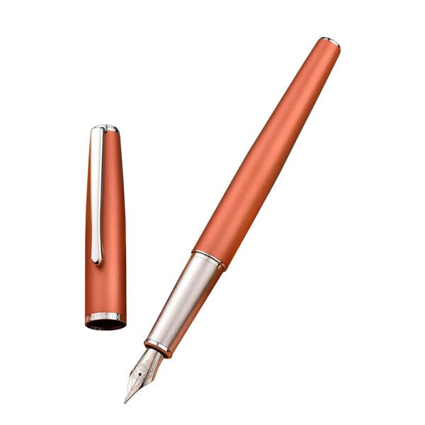 Orange Metal Fountain Pen, Steel Fine Point Classic Pen, Includes Refillable Converter and Pen Pouch